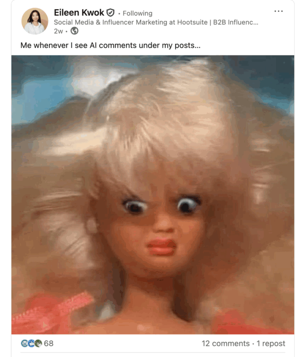 A close-up of a Barbie doll with a surprised expression, captioned "Me whenever I see AI comments under my posts..." This image humorously depicts a user's reaction to automated social media interactions.