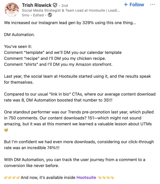 A LinkedIn post by Trish Riswick discussing how DM Automation increased Instagram lead generation by 329% for Hootsuite. The post explains how social media automation can track user journeys from comments to conversions.