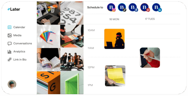 A screenshot of the "" social media management platform, featuring a calendar view for scheduling posts across various social media channels. The image highlights the scheduling and content management features of social media automation.