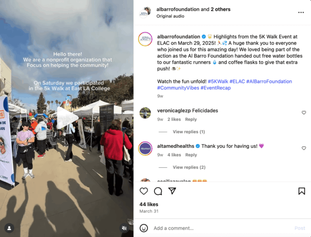 A social media post from albarrofoundation showing highlights from a 5K walk event, an example of event promotion and community engagement through social media for nonprofits.