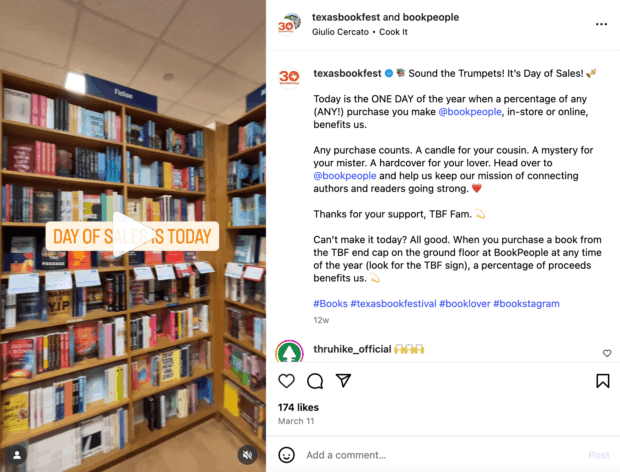 A social media post from Texas Book Festival announcing a "Day of Sales" at BookPeople, showcasing a fundraising initiative through social media for nonprofits.