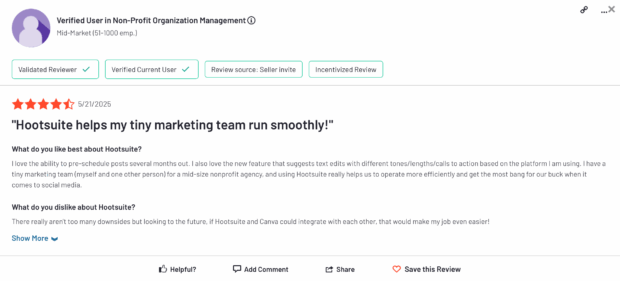 A review praising Hootsuite for helping a "tiny marketing team run smoothly" at a mid-size nonprofit, highlighting the benefits of social media management tools for nonprofits.
