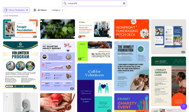 Various Canva templates for nonprofits, including annual reports and fundraising pitch decks, demonstrating design resources for social media for nonprofits.