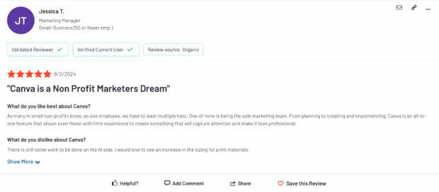 A review stating "Canva is a Non Profit Marketers Dream," emphasizing its utility for small nonprofit marketing teams in creating professional content for social media for nonprofits.