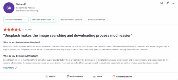 A review discussing Unsplash for image searching and downloading, relevant for social media for nonprofits seeking quality visuals, while also mentioning a shift to other platforms like Pexels and Freepik.