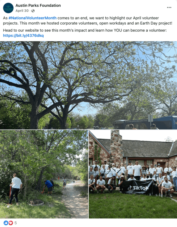 Images of volunteers working outdoors and a group photo with a TikTok banner, highlighting volunteer projects by Austin Parks Foundation as a form of social media for nonprofits engagement.