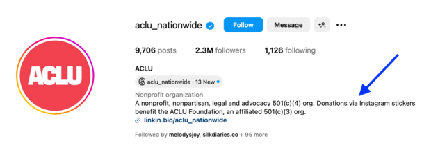 An Instagram profile for ACLU Nationwide, a nonprofit organization, showing how social media for nonprofits can be used for legal advocacy and to accept donations via stickers.