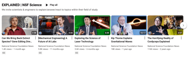 A YouTube playlist titled "EXPLAINED | NSF Science" featuring various science topics, showing educational content as a type of social media for nonprofits.