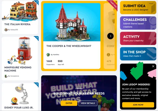 A LEGO Ideas platform showcasing various user-generated content creations, including "THE ITALIAN RIVIERA," "MINIFIGURE VENDING MACHINE," and "THE COOPER & THE WHEELWRIGHT," with options to submit ideas and join the LEGO Insiders community.