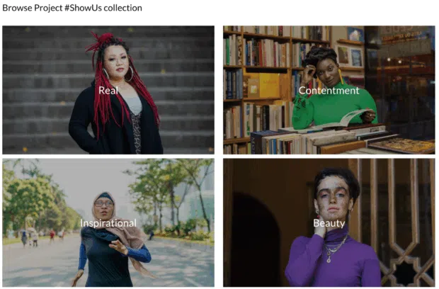 A collage of four images from the "Project #ShowUs collection," featuring diverse women with words like "Real," "Contentment," "Inspirational," and "Beauty," showcasing authentic user-generated content.