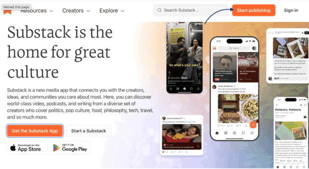 Substack homepage showing "Substack is the home for great culture" and options to start publishing or get the app.