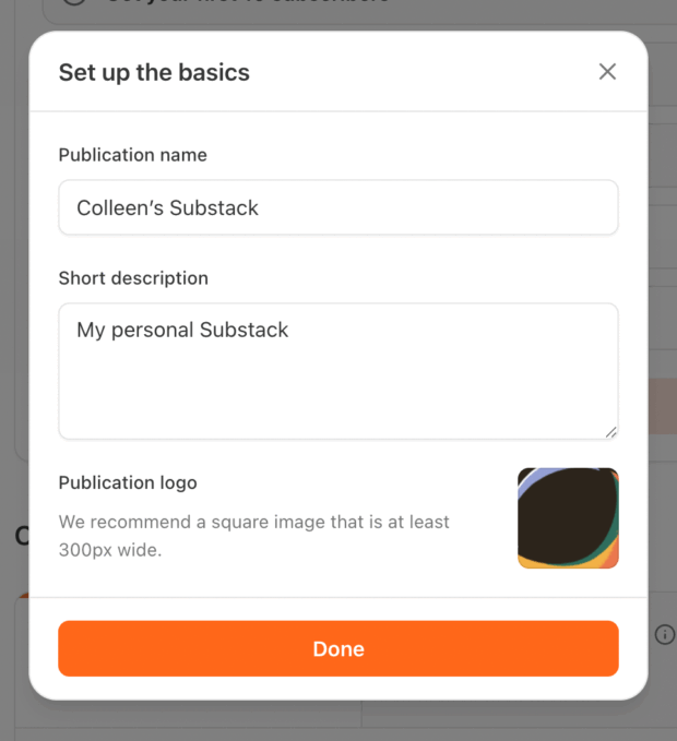 Substack "Set up the basics" pop-up for publication name, short description, and publication logo, showing "Colleen's Substack" as the name.