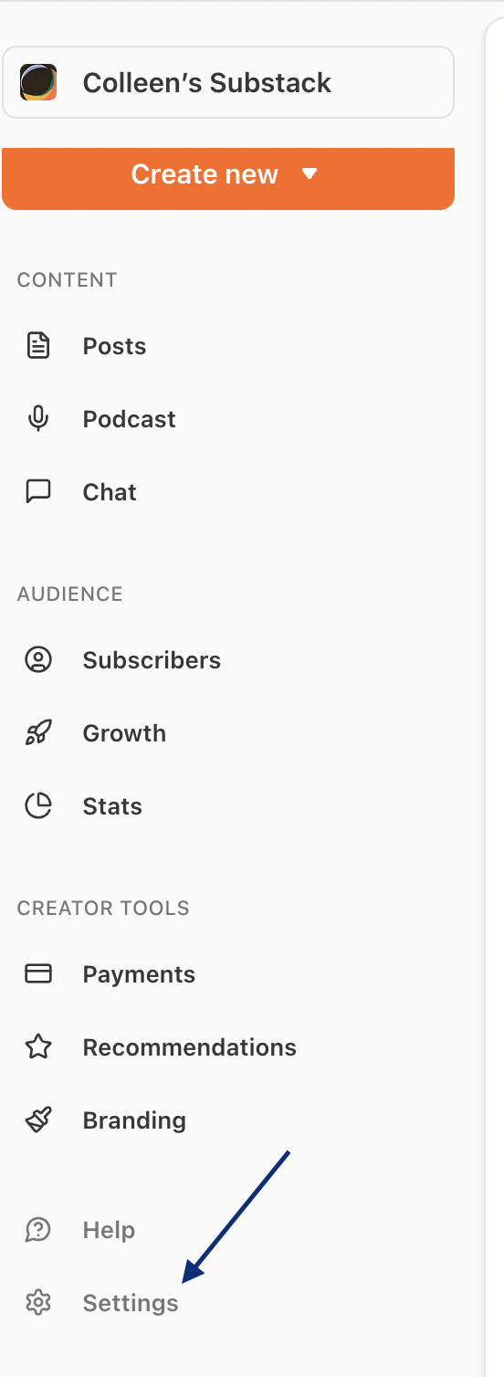 Substack sidebar menu for Colleen's Substack, highlighting "Settings" under Creator Tools.