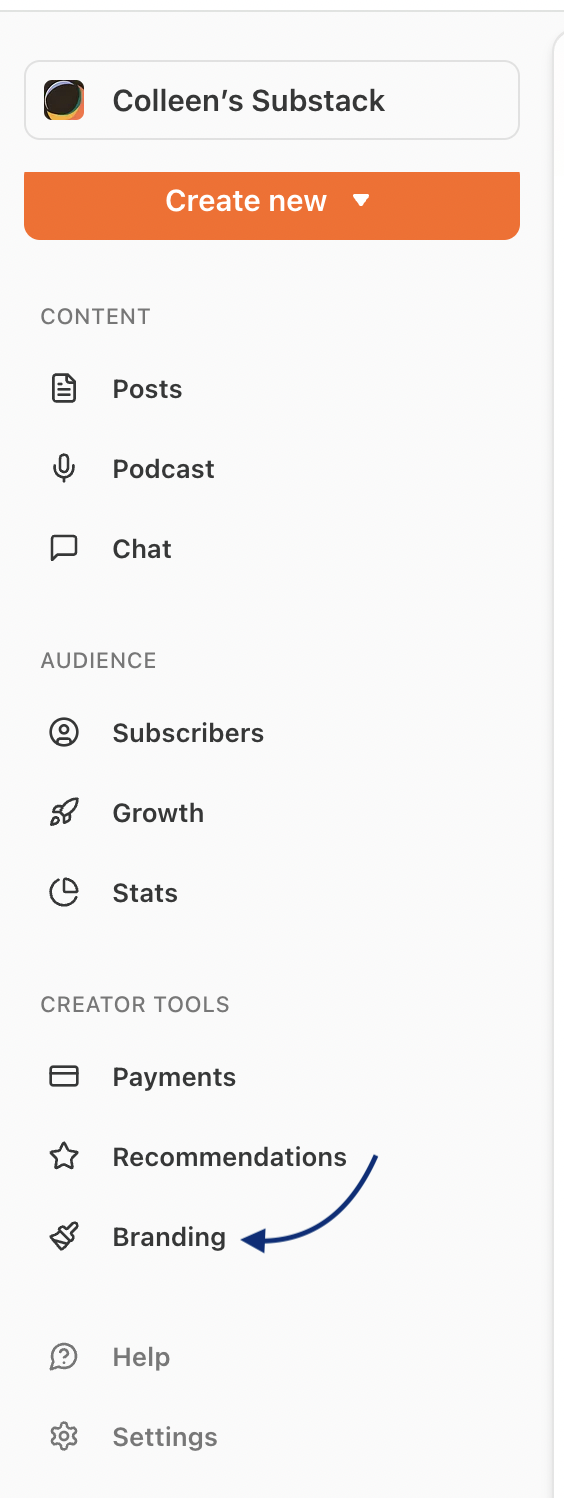 Substack sidebar menu for Colleen's Substack, highlighting "Branding" under Creator Tools.