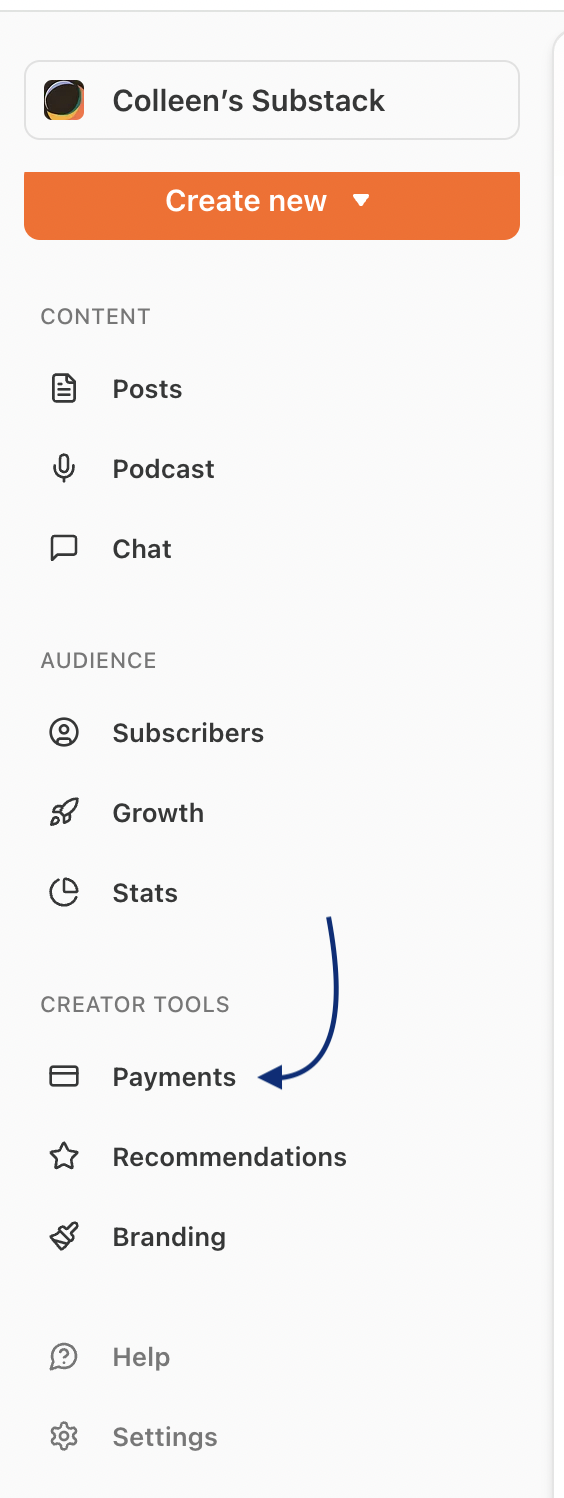 Substack sidebar menu for Colleen's Substack, highlighting "Payments" under Creator Tools.