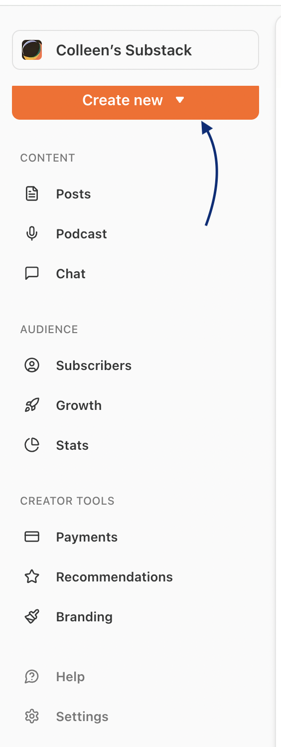 Substack sidebar menu for Colleen's Substack, with an arrow pointing to the "Create new" dropdown button.