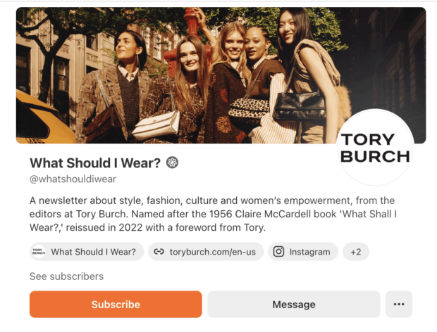 Profile page for "What Should I Wear?" by Tory Burch on Substack, a newsletter about style and fashion.