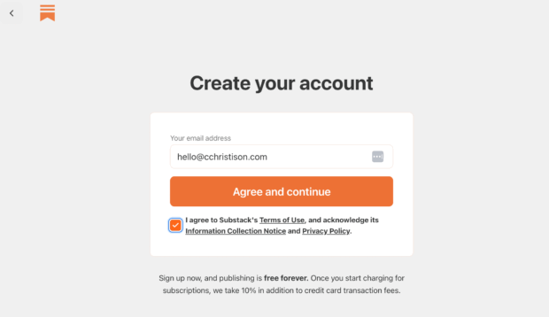 Substack account creation page with an email address field and terms of use agreement, noting publishing is free with a 10% fee on paid subscriptions.