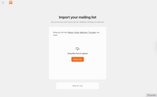 Substack page to import a mailing list from platforms like Patreon, Ghost, Mailchimp, and TinyLetter.