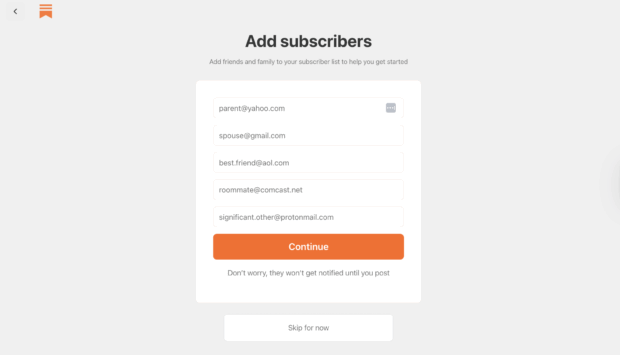 Substack page to add subscribers by entering email addresses, with a "Continue" button and a "Skip for now" option.