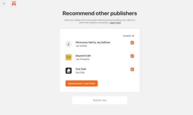 Substack page recommending other publishers like "Necessary Salt by Joy Sullivan" and "Beyond Craft Joe Ponepinto".