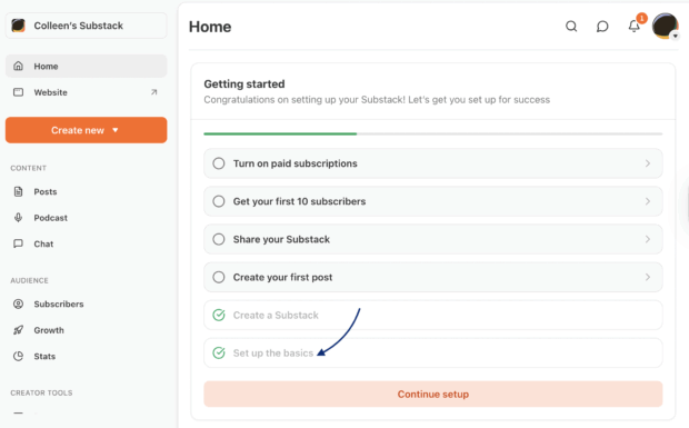 Colleen's Substack home dashboard showing "Getting started" with checkboxes for "Create a Substack" and "Set up the basics".