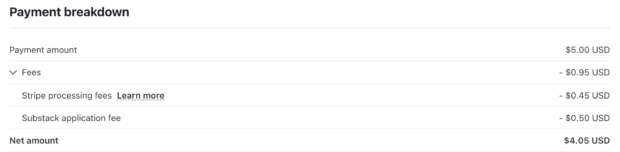 Substack payment breakdown showing a $5.00 USD payment with $0.95 USD in fees, resulting in a $4.05 USD net amount.