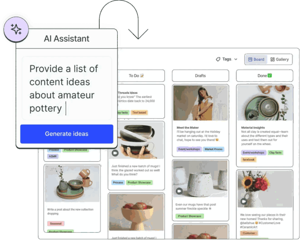A digital workspace showing an AI assistant feature that helps generate social media content ideas. The pop-up on the left reads “Provide a list of content ideas about amateur pottery,” with a blue “Generate ideas” button below.