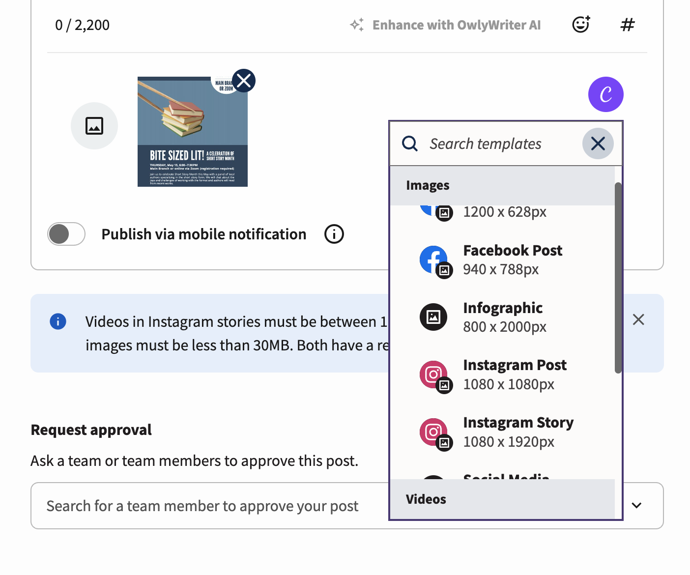 Canva dropdown shown in hootsuite post composer that gives options for what type of image specs the user would like to use