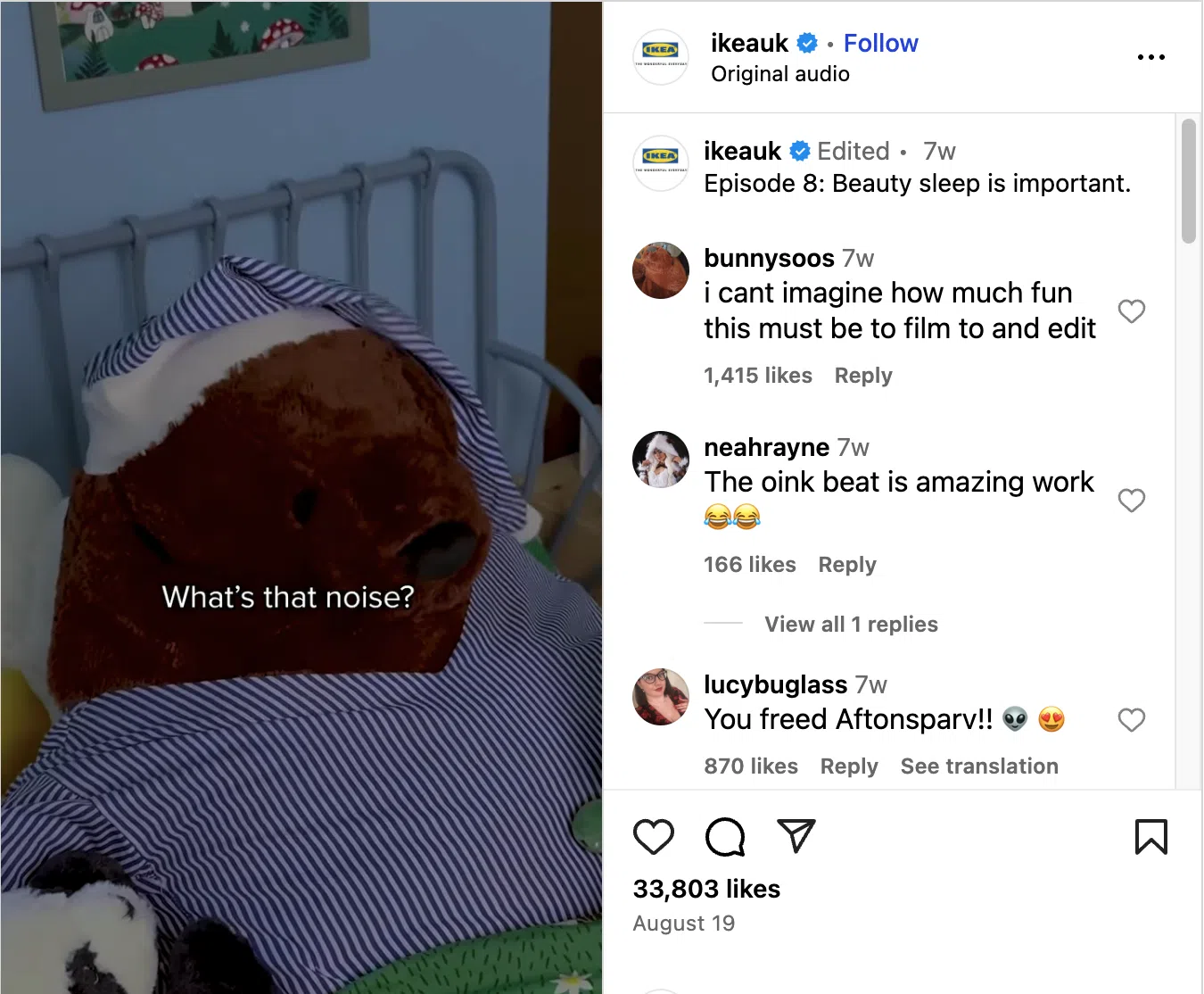 Close-up of a brown stuffed bear sitting up in bed wearing a striped pajama hat. On-screen text reads: “What’s that noise?” Caption: “Episode 8: Beauty sleep is important.”