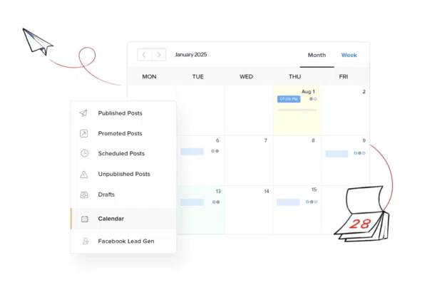 Content calendar for January 2025 with options to view, schedule, and manage social media posts.