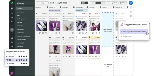 Content calendar interface with scheduled posts, AI-assisted suggestions, and optimal posting times highlighted.