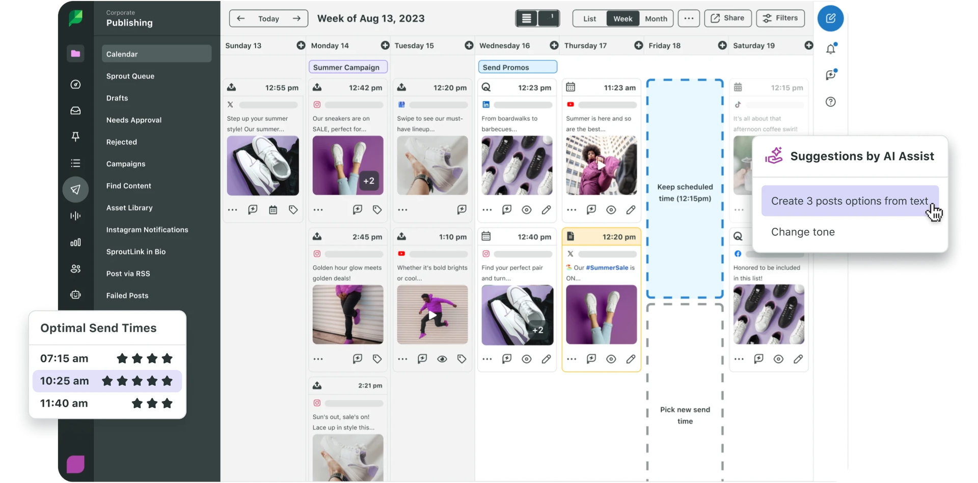 Content calendar interface with scheduled posts, AI-assisted suggestions, and optimal posting times highlighted.