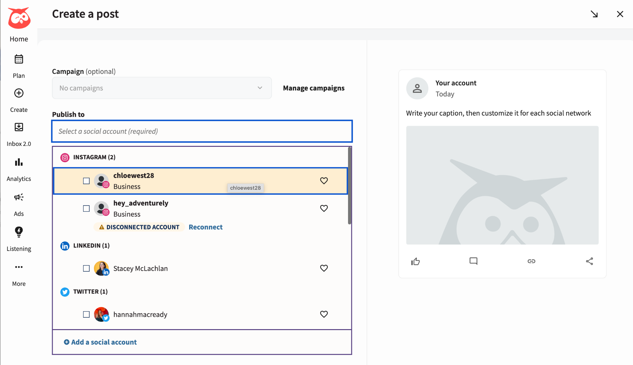 create a post screen in hootsuite showing a dropdown menu that lets users choose which instagram account they want to post to