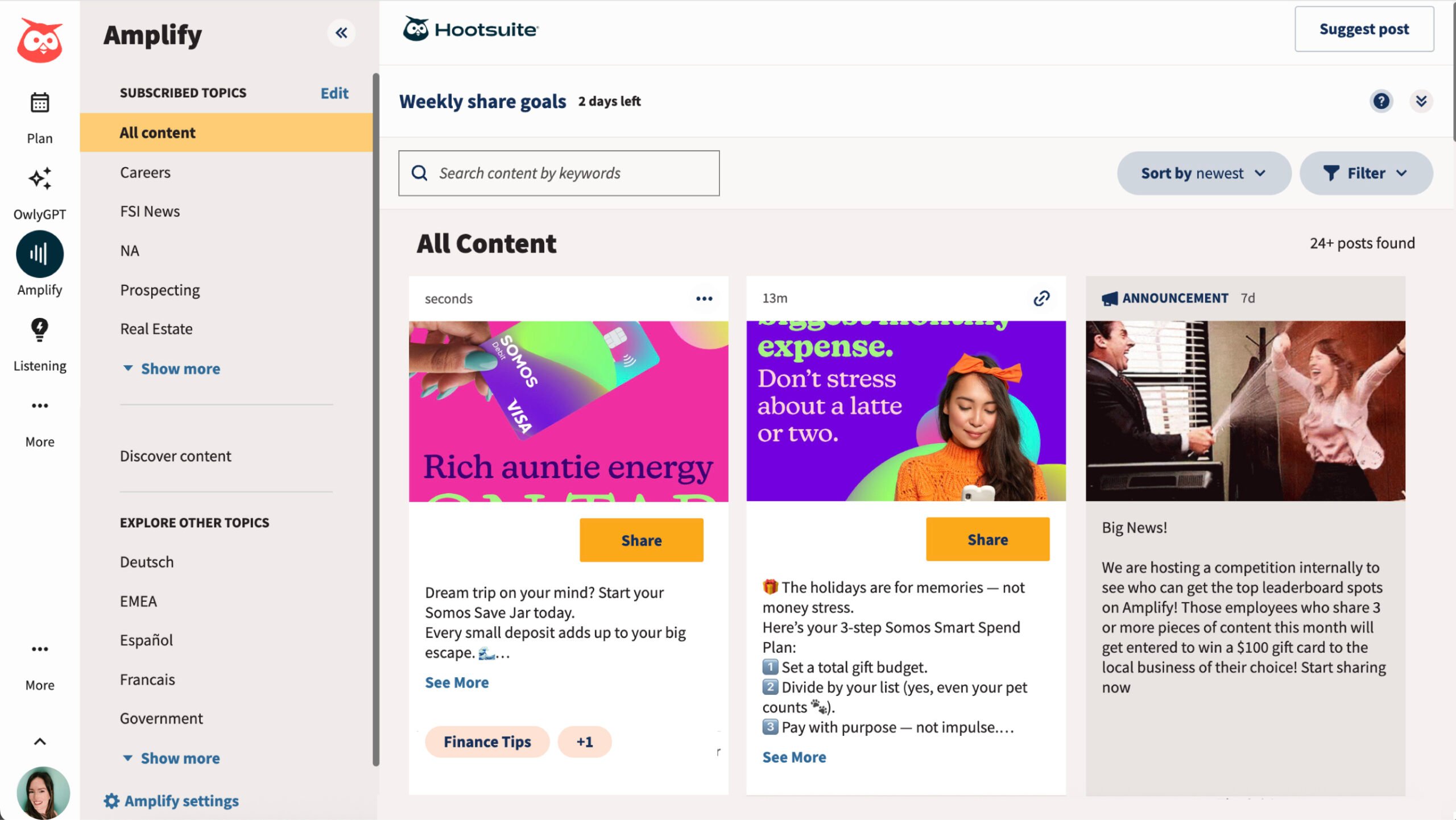 Amplify feed with different types of employee advocacy content, including a company announcement post, a financial tips post, and a blog post/