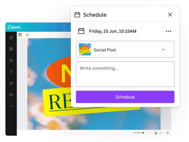 Graphic design shown in Canva with popup button asking if they user wants to schedule the post in the future.