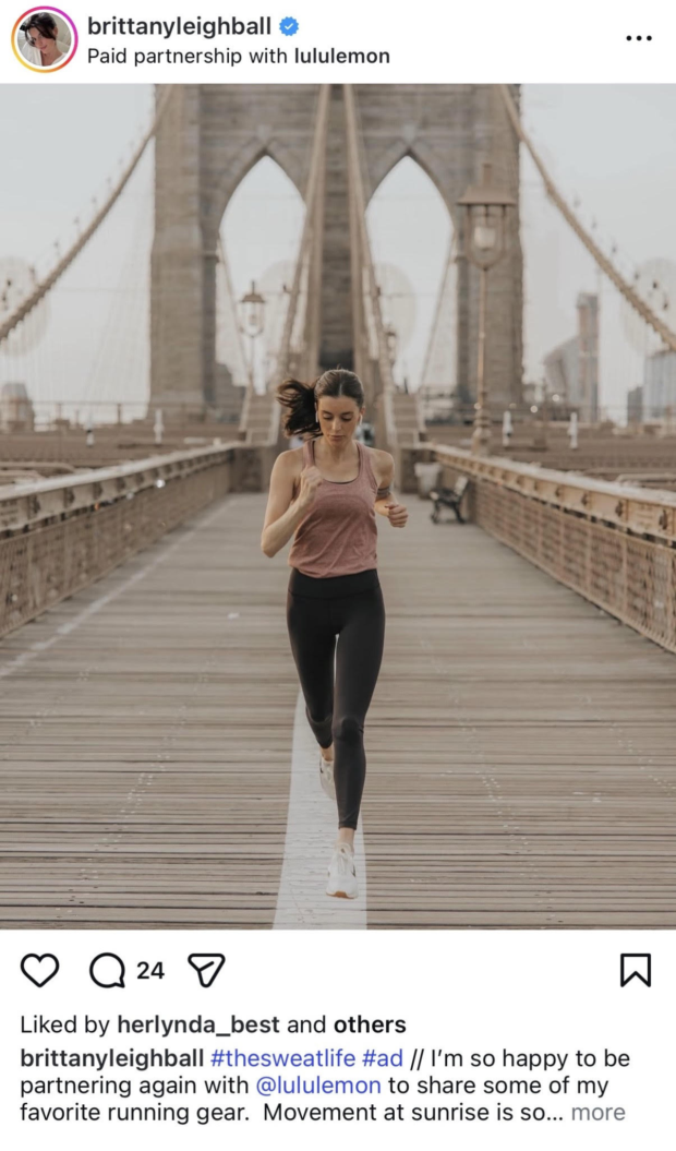 Lululemon brand ambassador posting an Instagram with the hashtag #thesweatlife