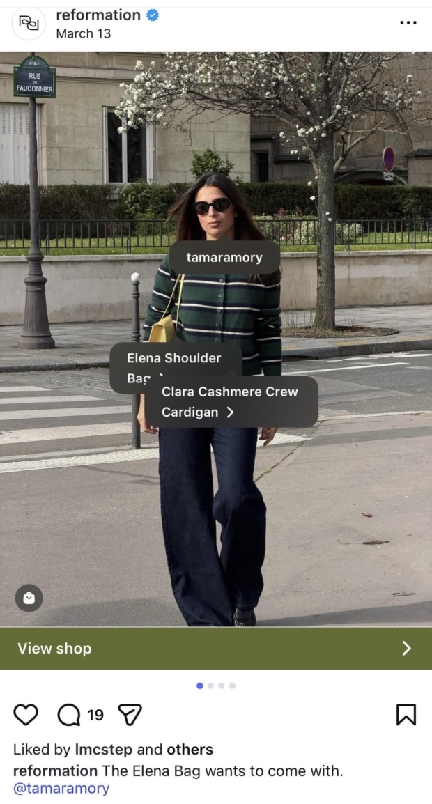 Reformation tagging a content creator in an Instagram post