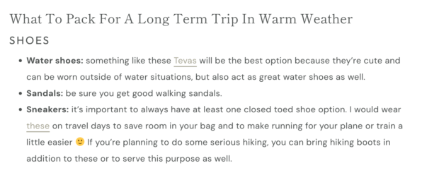 Travel blog Nikki on Her Way recommending Teva water shoes in a packing guide.