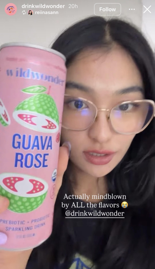 Drink brand Wildwonder reporting an Instagram Story from a creator praising its Guava Rose flavor