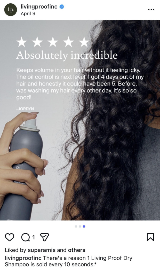 Instagram carousel from Living Proof featuring real customer reviews