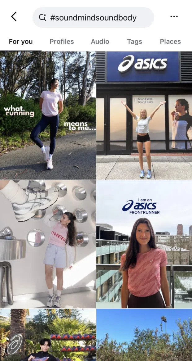 Instagram search results from the Asics' hashtag #soundmindsoundbody