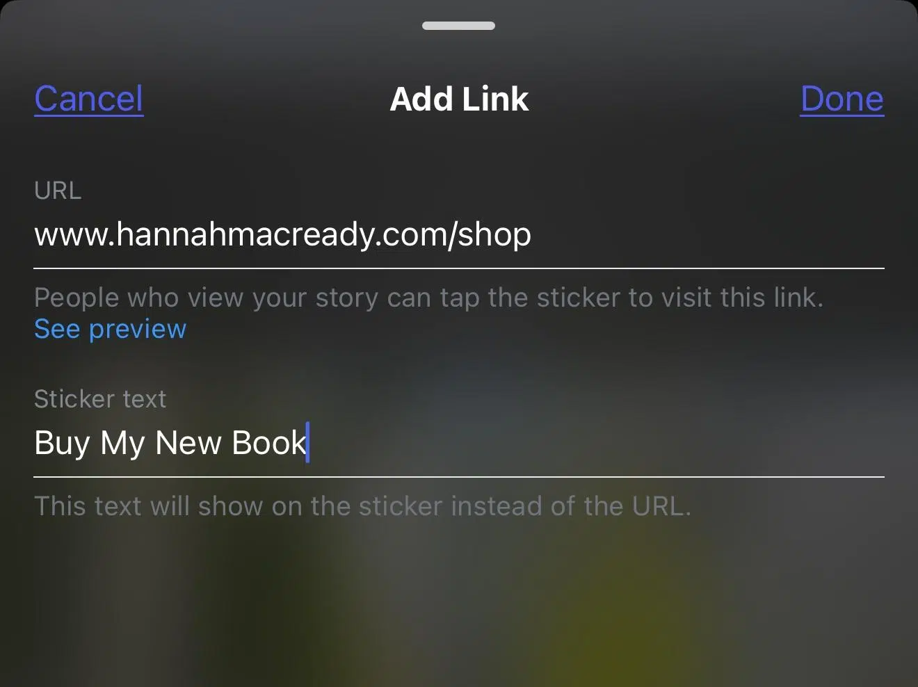 instagram add link sticker screen with URL and sticker text input boxes
