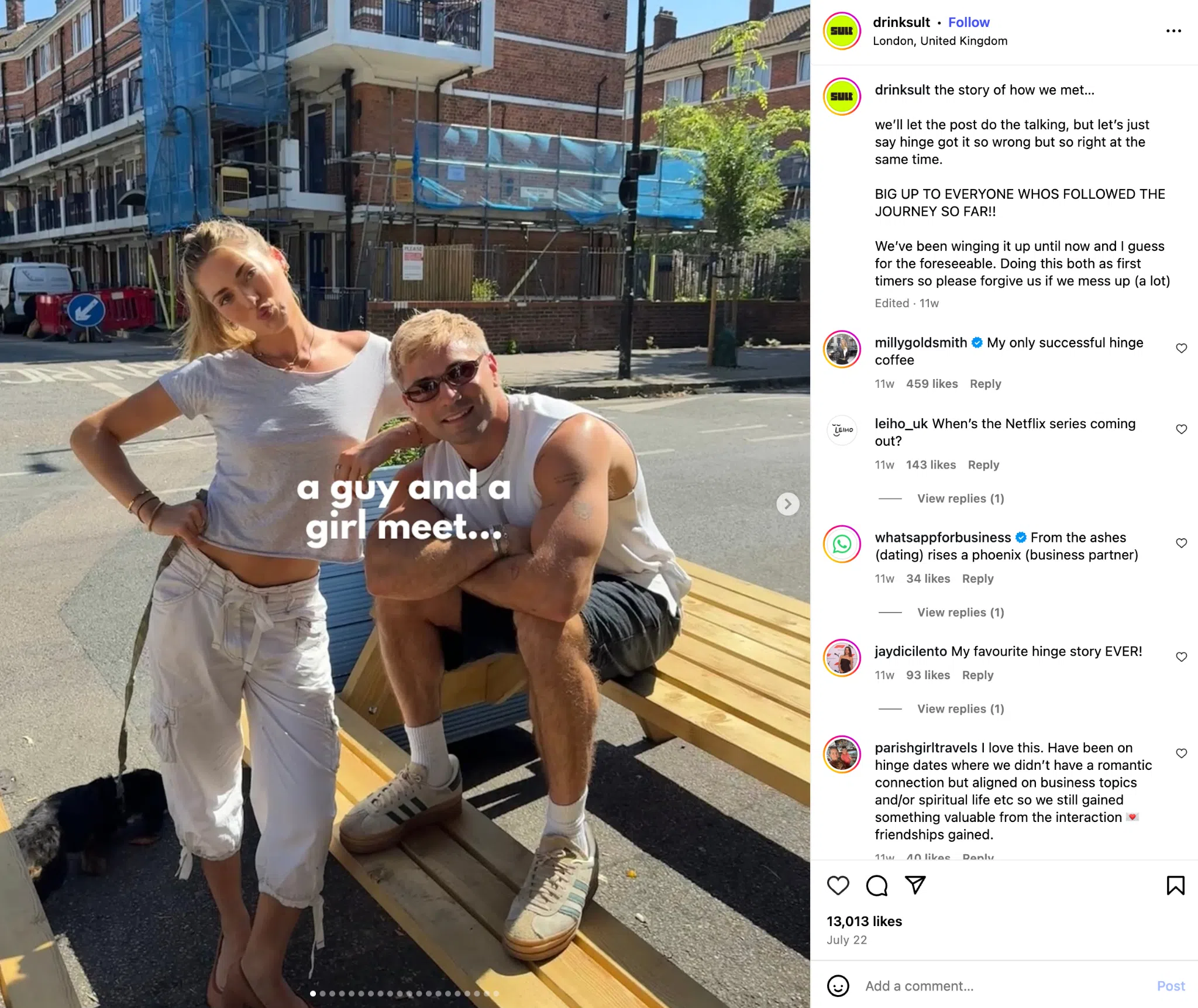 Instagram post from @drinksult showing two people posing on a sunny street with the caption “a guy and a girl meet.” The caption explains how they met on Hinge and started a business together.