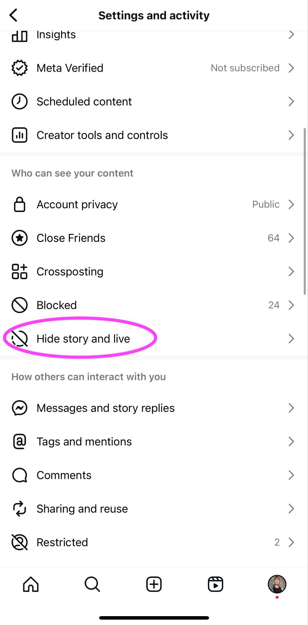 instagram settings screen with pink arrow around the "hide story and live" button in the middle of the screen