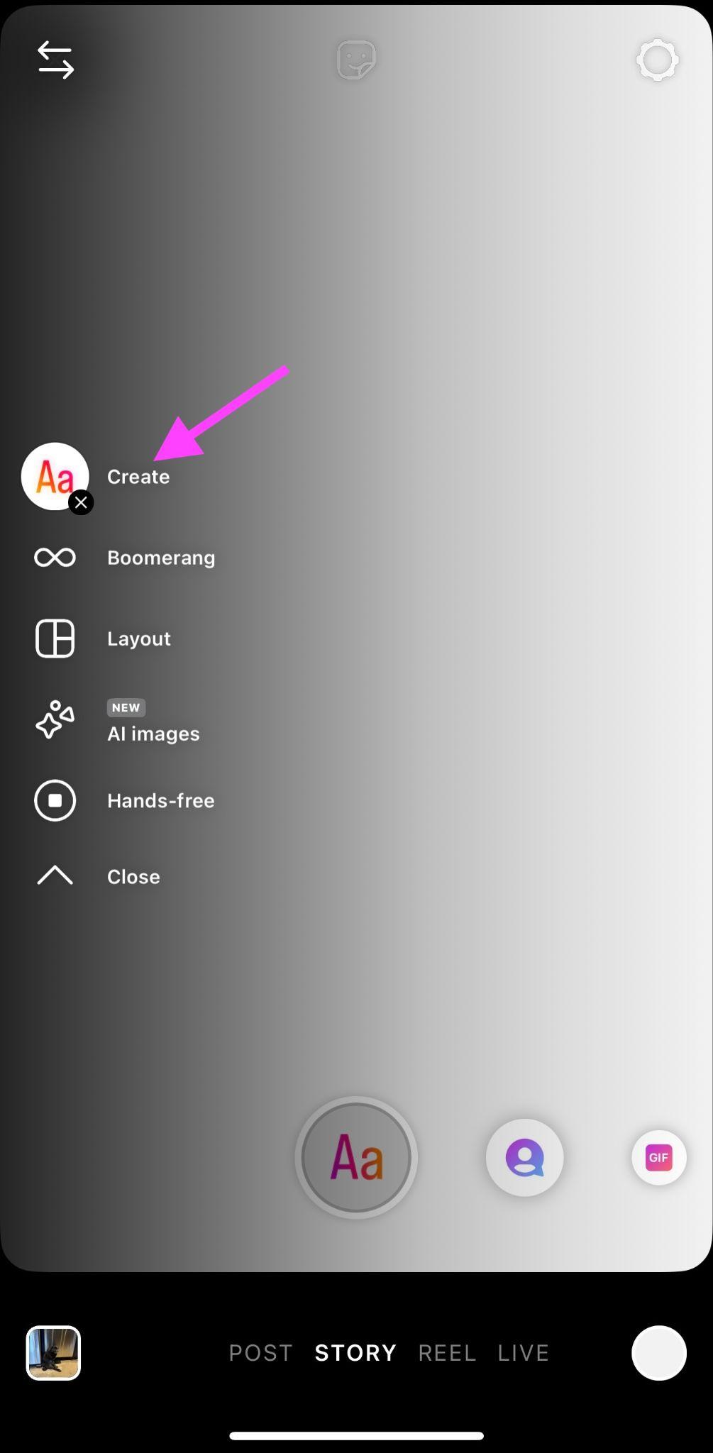 instagram story camera with arrow pointing to "create" button on left of screen