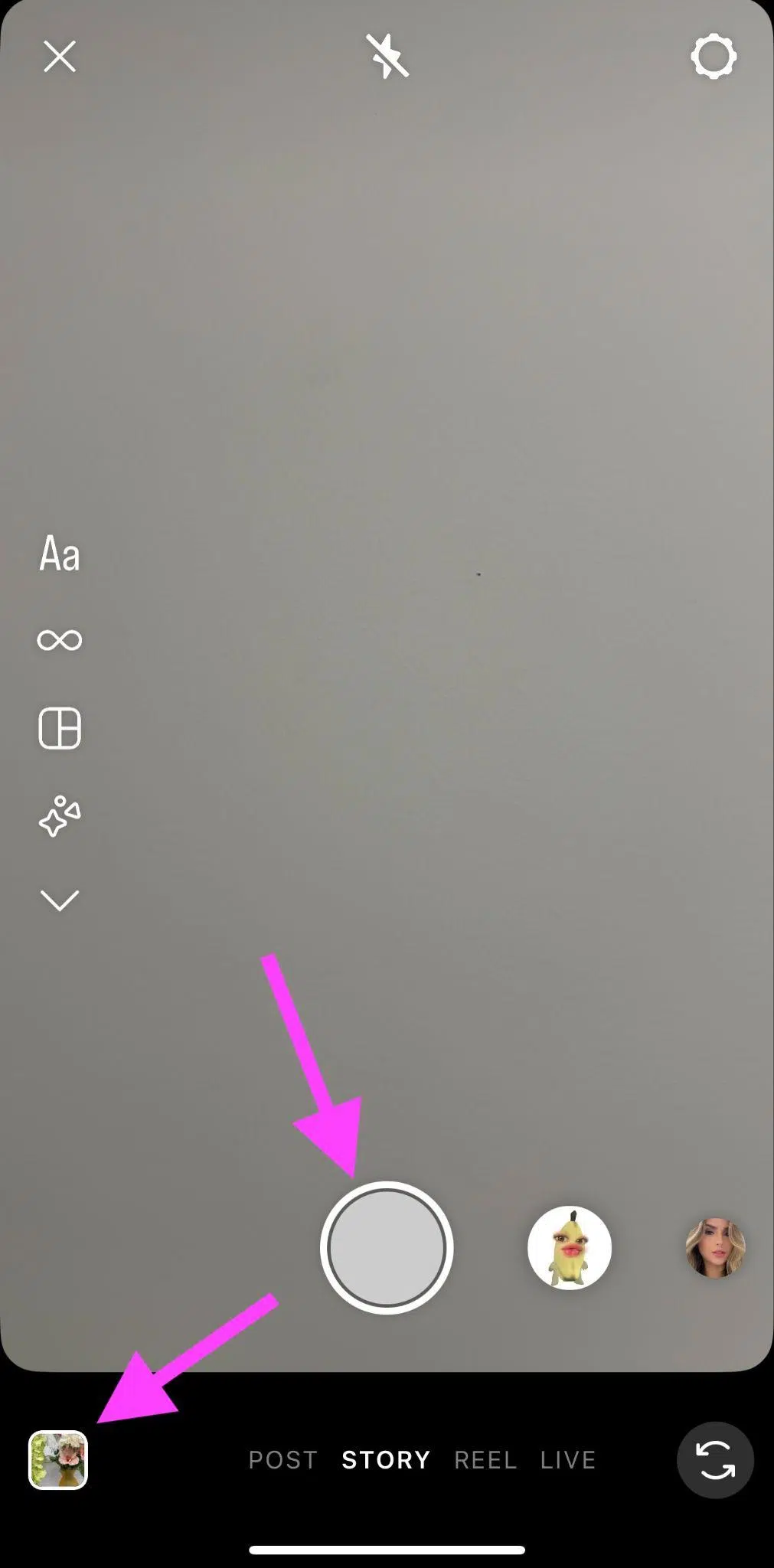 instagram story camera with one arrow pointing to the record button and one pointing to the gallery button in the bottom left of the screen