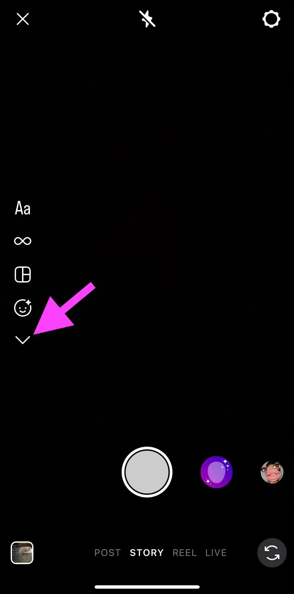 instagram story camera with pink arrow pointing to the small white downwards arrow on the left of the screen