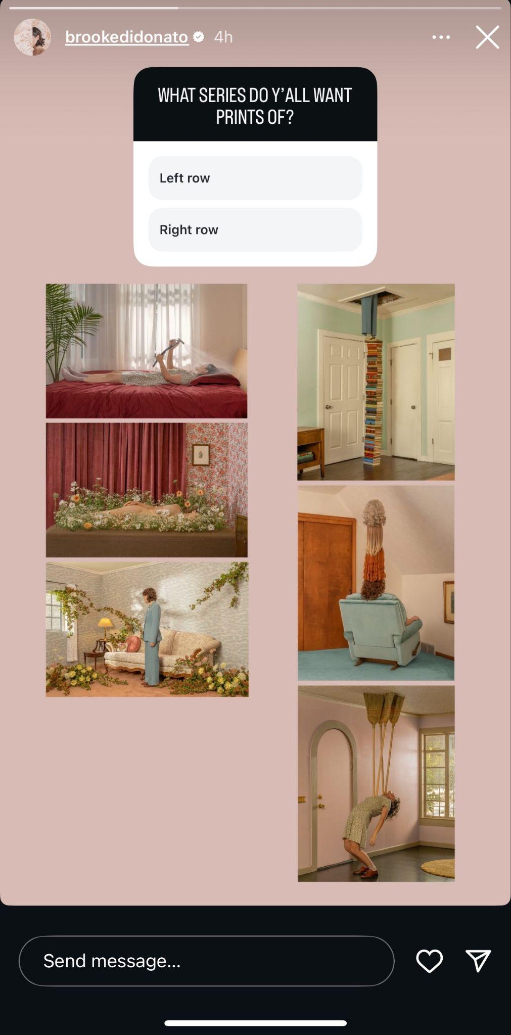 instagram story from brooke didonato showing a poll that asks "what series do ya'll want prints of" and then two poll options: "left row" and "right row"