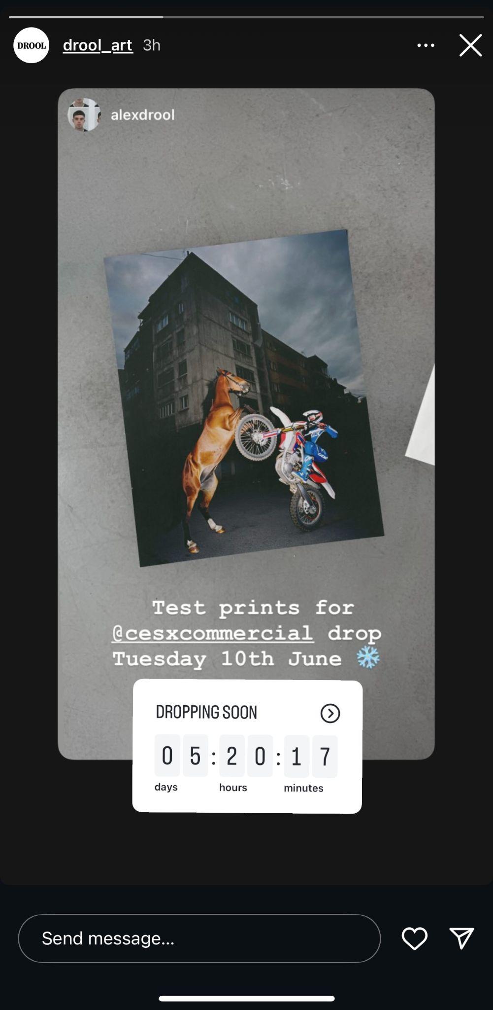 instagram story from drool art that includes a countdown for a new test print drop coming in 5 days